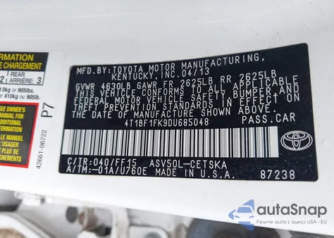 2013 Toyota Camry L/Se/Le/Xle from USA, damaged, VIN 4T1BF1FK9DU685048